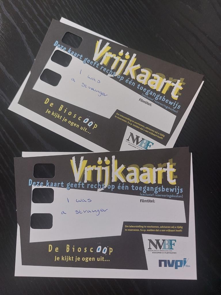 Bioscoop vrijkaarten "I was a stranger", Tickets en Kaartjes, Filmkaartjes, Twee personen, Vrijkaartje specifieke film