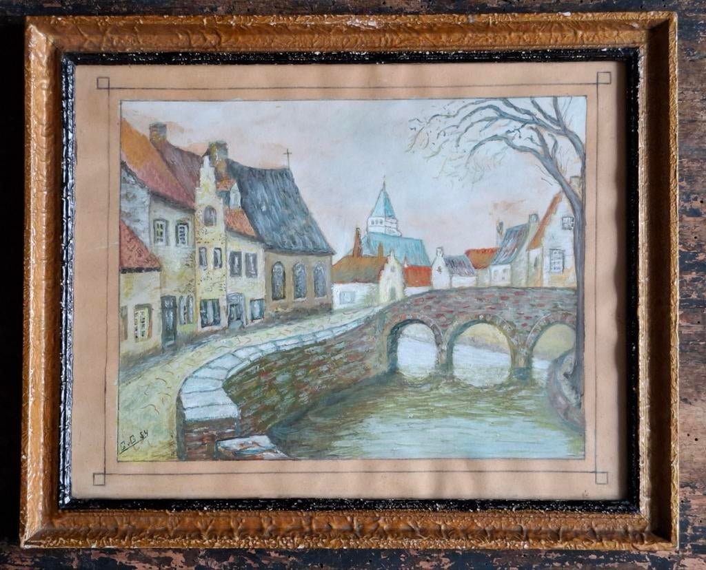 G.v. G. Brugge. Speelmanrei.  Brugge. Gouache/papier.  33/26, Antiek en Kunst, Kunst | Schilderijen | Klassiek, Ophalen