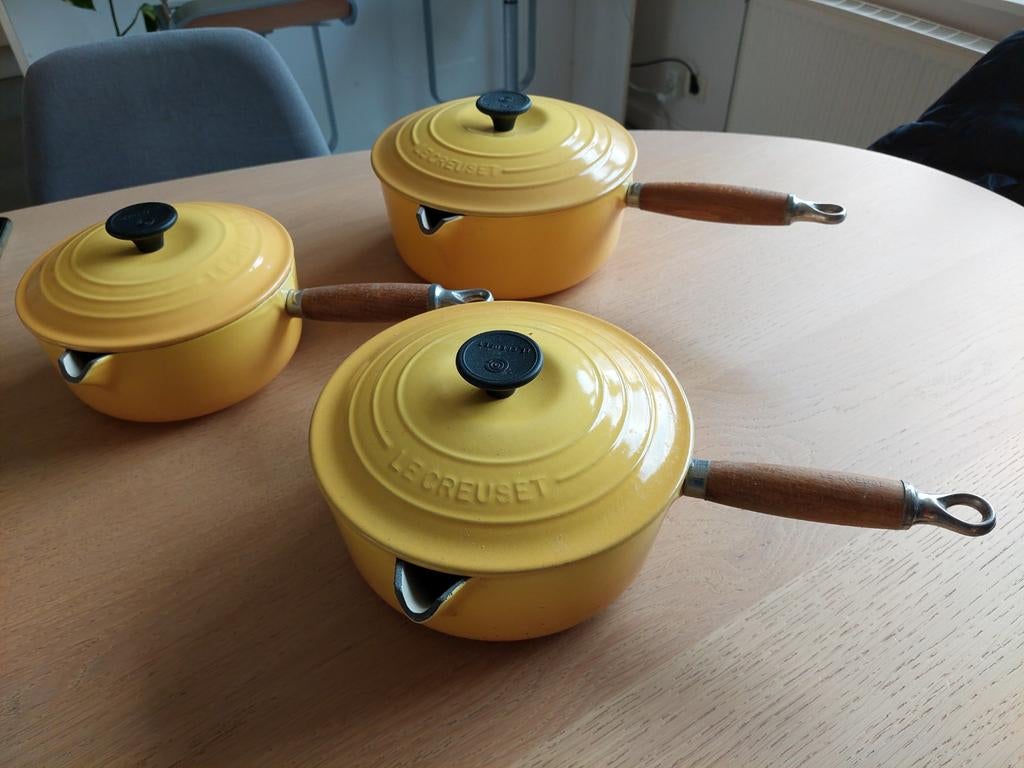 Le Creuset pannen set, geel, maten 18, 20, 22, Ophalen of Verzenden
