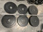 Olympische halter stang  met  70 kg bumperplates schijven, Sport en Fitness, Fitnessmaterialen, Ophalen, Gebruikt, Olympische stang