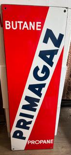 Oud emaille reclame bord PRIMAGAZ Butane Propane 110 cm hoog, Ophalen, Reclamebord, Gebruikt, .