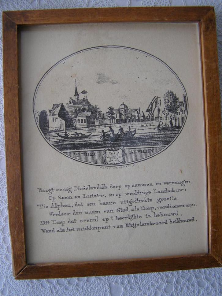 Antiek gravure Alphen a/d Rijn 18e eeuw. Met tekst Ingelijst, Antiek en Kunst, Kunst | Etsen en Gravures, Ophalen of Verzenden