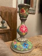 Vintage brocante houten beschilderde Vogel bloemen kandelaar, Antiek en Kunst, Antiek | Kandelaars, Overige materialen, Ophalen of Verzenden
