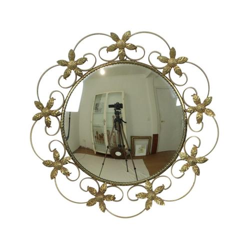 Grote Vintage Franse Spiegel Bloemen Convex Heksenspiegel, Antiek en Kunst, Antiek | Spiegels, Minder dan 50 cm, Minder dan 100 cm