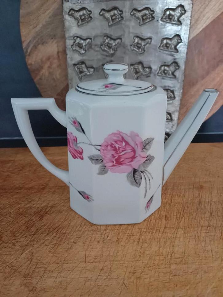 Prachtige Franse Theepot zilveren lijntjes en roze roosjes, Antiek en Kunst, Antiek | Servies los, Verzenden