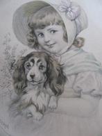 Antieke Gesigneerde Kaart - Meisje met Bonnet / Hond, Verzenden, Voor 1920, Ongelopen, Kinderen