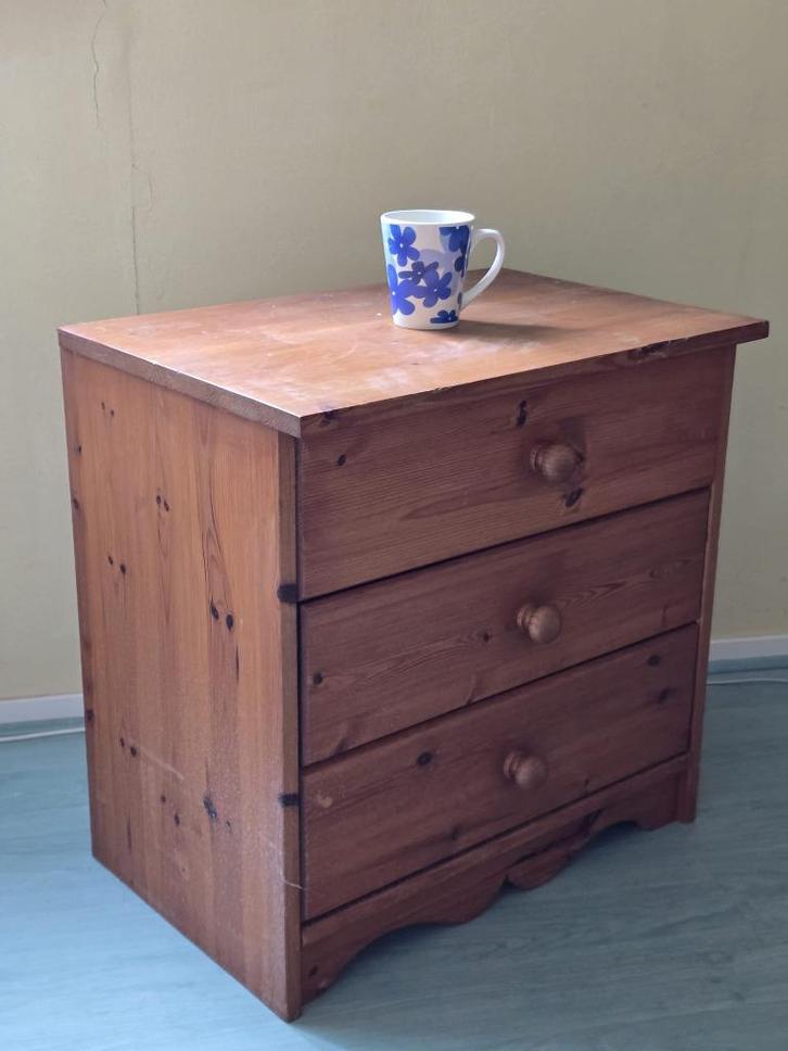 Grenen houten ladekast 3 lades bijzetkast nachtkastje, Huis en Inrichting, Kasten | Ladekasten, Gebruikt, Minder dan 100 cm, 50 tot 100 cm