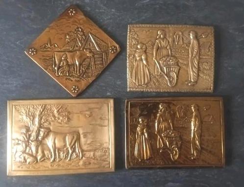 Antieke Koperen plaatjes met Boerderij afbeeldingen 4 stuks, Antiek en Kunst, Antiek | Koper en Brons, Ophalen of Verzenden