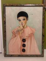 Vintage Schilderij Pierrot - jaren 80 met Bloemenlijst, Antiek en Kunst, Ophalen