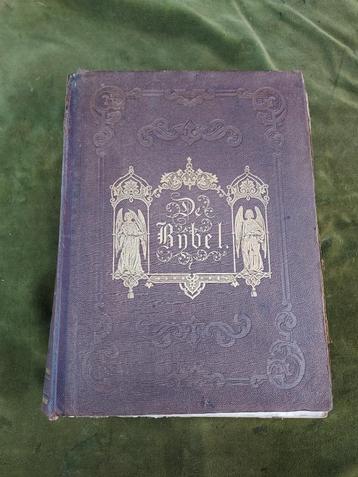 Antieke bijbel in lederen band en 40 staalgravures. beschikbaar voor biedingen