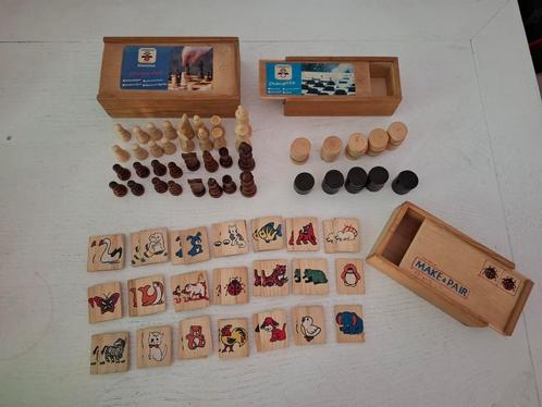 Vintage houten speelgoed schaakpionnen, damstenen, memory, Kinderen en Baby's, Speelgoed | Houten speelgoed, Ophalen