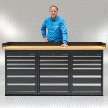 Werkbank, werktafel- 204cm- eiken werkblad- 18 lades beschikbaar voor biedingen