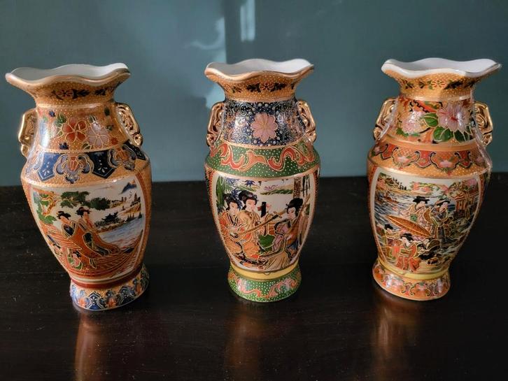 Set van 3 Japanse Satsuma-stijl vaasjes – handbeschilderd po, Huis en Inrichting, Woonaccessoires | Vazen, Overige kleuren, Minder dan 50 cm