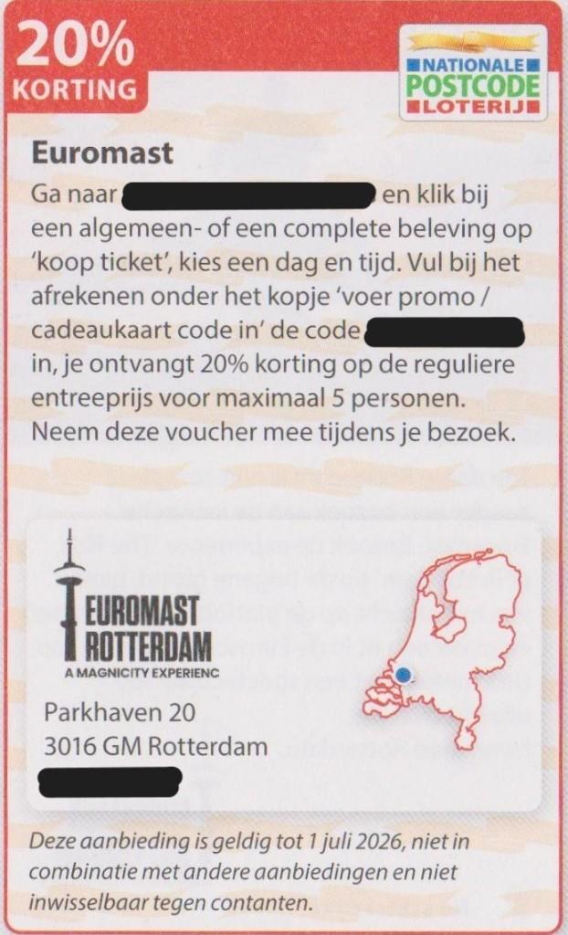 Euromast. Rotterdam. 20% korting. Postcodeloterij voucher., Tickets en Kaartjes, Kortingen en Cadeaubonnen, Drie personen of meer