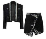 Handgemaakte kralen tweed blazer + rok setje dames vrouwen, Zwart, Nieuw, Ophalen of Verzenden, Maat 36 (S)