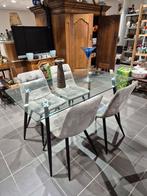 Glazen eettafel met suede stoelen, Ophalen, 2j.brabant@gmail.com, 50 tot 100 cm, Vijf personen of meer
