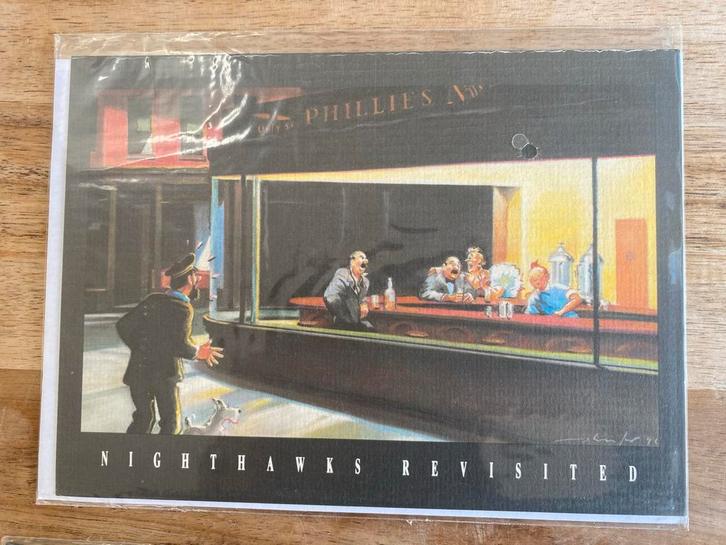 Kuifje Ansichtkaart - Nighthawks Revisited, Antiek en Kunst, Kunst | Tekeningen en Foto's, Ophalen of Verzenden