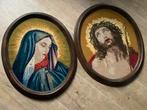 Prachtig geborduurde Maria en Jesus in antieke eiken lijst, Antiek en Kunst, Ophalen of Verzenden