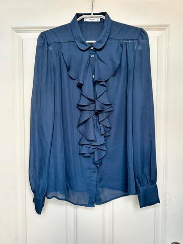 Mango Blouse Maat S Donkerblauw Ruches Doorschijnend