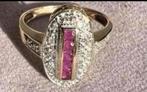 GOUDEN ART DECO RING MET 5 ROBIJNEN EN DIAMANTEN, Sieraden, Tassen en Uiterlijk, Ringen, Ophalen of Verzenden, Zo goed als nieuw
