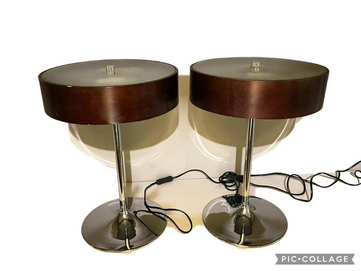 2x design vintage Franse lampen walnoot donkerbruin japandi, Huis en Inrichting, Lampen | Tafellampen, Gebruikt, Minder dan 50 cm