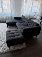 Grijze hoekbank met chaise longue en voetenbank, Ophalen, 250 tot 300 cm, Gebruikt, Hoekbank