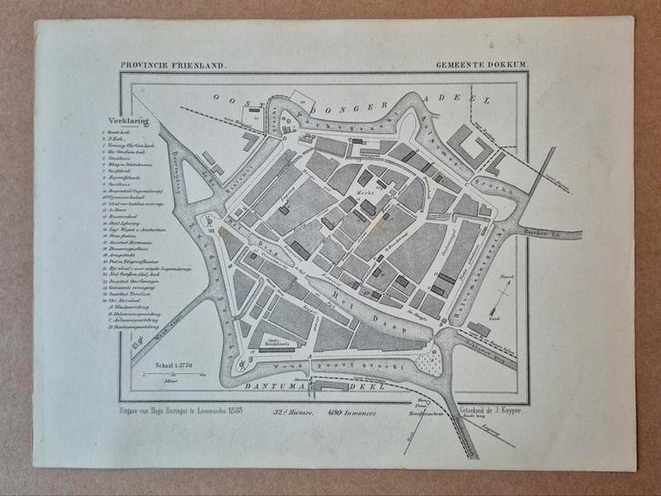 Kuyper kaartje van Dokkum 1888., Antiek en Kunst, Kunst | Etsen en Gravures, Ophalen of Verzenden