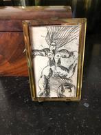 Oude pentekening in antiek  dik glas geslepen lijstje, Antiek en Kunst, Verzenden