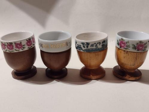 4 div. oude houten met porseleinen rand eierdoppen, Antiek en Kunst, Antiek | Servies los, Ophalen