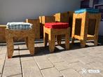 Houten krukken in twee maten – OSB met kleurrijke kussens, Ophalen, 60 tot 90 cm, Nieuw, Pack & Zo