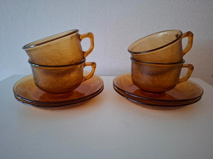 Vintage set van 4 Arcoroc France Sierra kopjes. Amber. Geel., Verzamelen, Retro, Ophalen of Verzenden