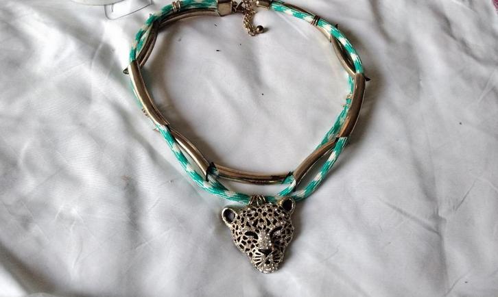 Vintage Retro Ketting Choker metaal Kristallen Tijgerkop, Sieraden, Tassen en Uiterlijk, Kettingen, Zo goed als nieuw, Goud, Overige kleuren