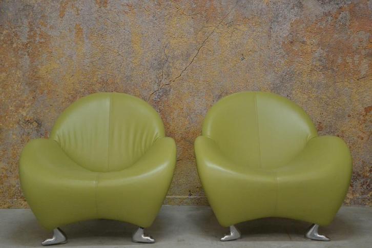 ZGANieuw limegroene Leolux Papageno design fauteuil, Huis en Inrichting, Fauteuils, Zo goed als nieuw, Leer, Metaal, 75 tot 100 cm