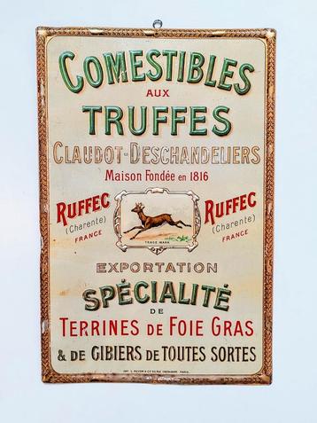 Antiek blikken reclamebord Truffels Wild Foie Gras Culinaire beschikbaar voor biedingen