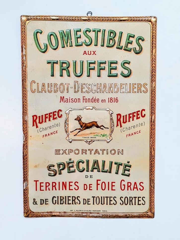 Antiek blikken reclamebord Truffels Wild Foie Gras Culinaire, Verzamelen, Merken en Reclamevoorwerpen, Gebruikt, Reclamebord, Verzenden