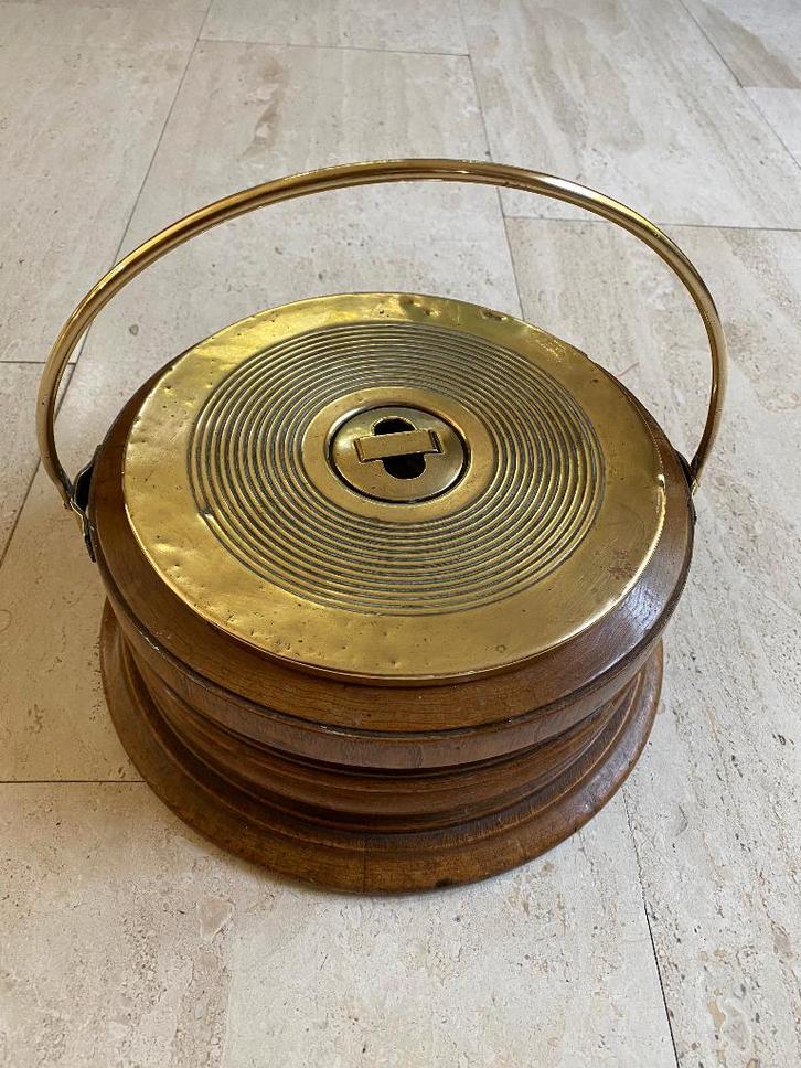 Antiek koperen en houten warmwaterstoof met koperen hengsel, Antiek en Kunst, Antiek | Koper en Brons, Koper, Ophalen of Verzenden