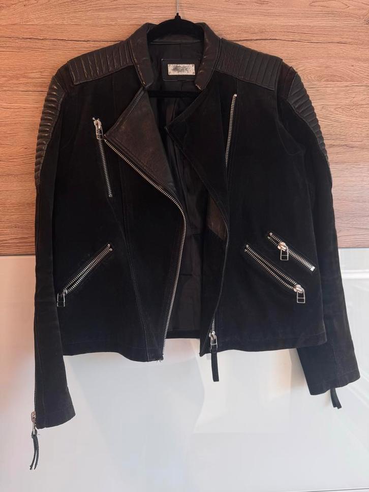 Mango Suède Leren Jasje maat L, Kleding | Dames, Jassen | Zomer, Gedragen, Maat 42/44 (L), Zwart, Ophalen of Verzenden