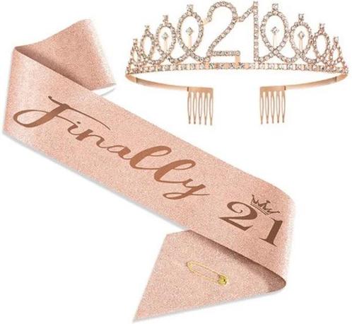 Finally 21 set met diadeem en sjerp deLuxe rosé goud glitter, Hobby en Vrije tijd, Feestartikelen, Nieuw, Versiering, Verjaardag