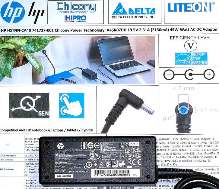 HP 741727-001 19.5V 2.31A 45W Adapter Lader Oplader Kabel, Computers en Software, Laptop-opladers, Zo goed als nieuw, Ophalen of Verzenden