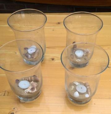 4 grote glas theelichthouders 19 cm +schelpen+kaarsen! 4=€5