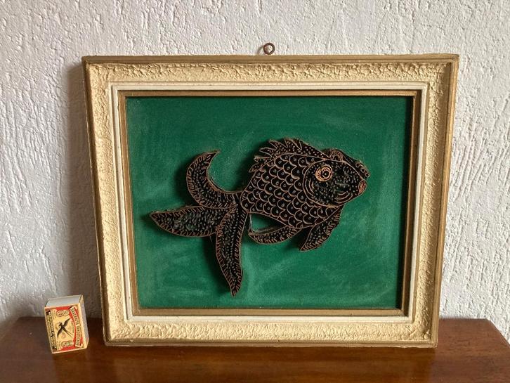 Schilderijtje met batik stempel vis visje op fluweel doek, Antiek en Kunst, Kunst | Niet-Westerse kunst, Ophalen of Verzenden