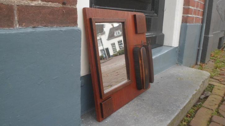 Art Deco teak houten halspiegel wandspiegel kledingborstels, Antiek en Kunst, Antiek | Spiegels, Minder dan 50 cm, Rechthoekig