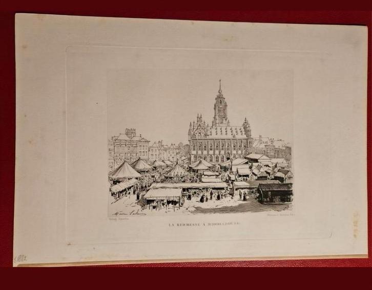 Gravure de kermis in Middelburg, Antiek en Kunst, Kunst | Etsen en Gravures, Ophalen of Verzenden