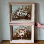 2 Vintage Olieverf Schilderijen met Bloemboeket, Roze Lijst, Antiek en Kunst, Ophalen of Verzenden