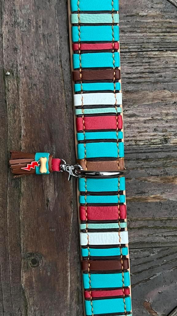 Halsband bruin leer nappa turquoise koraal deco 48-60 beige, Dieren en Toebehoren, Hondenhalsbanden en Penningen, Nieuw, Handgemaakt