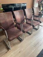 Eetkamerstoelen 4x bruin leer met metalen frame, Huis en Inrichting, Stoelen, Ophalen, Gebruikt, Bruin, Metaal