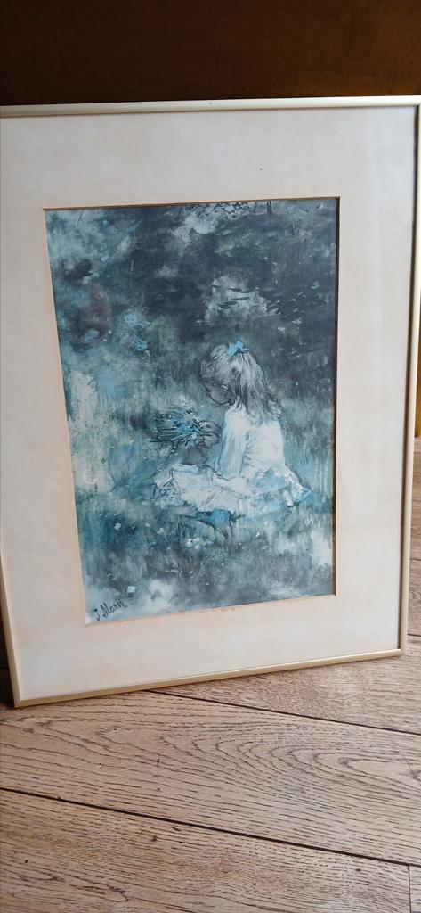 Jacob Maris meisje met bloemen in het gras, Antiek en Kunst, Kunst | Tekeningen en Foto's, Ophalen of Verzenden