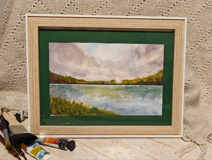 Meer landschap/lake scene watercolour (hand-painted), Antiek en Kunst, Kunst | Beelden en Houtsnijwerken, Ophalen of Verzenden