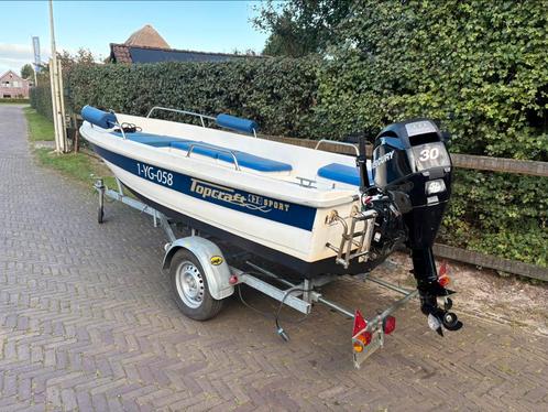 Topcraft 430 sport + Mercury 30pk, + trailer., Watersport en Boten, Vis- en Consoleboten, Gebruikt, 10 tot 30 pk, 3 tot 6 meter