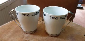 TEA COFFEE porseleinen mokken, RVS oor 8.7 cm, gaaf, nieuw! beschikbaar voor biedingen